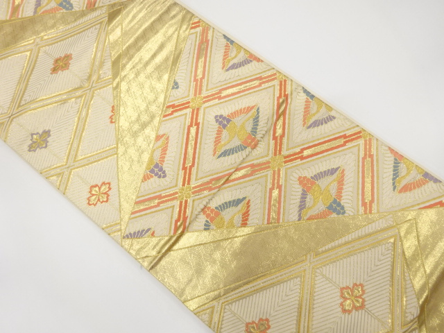 切りばめ風　向かい鶴に花菱模様織り出し　袋帯